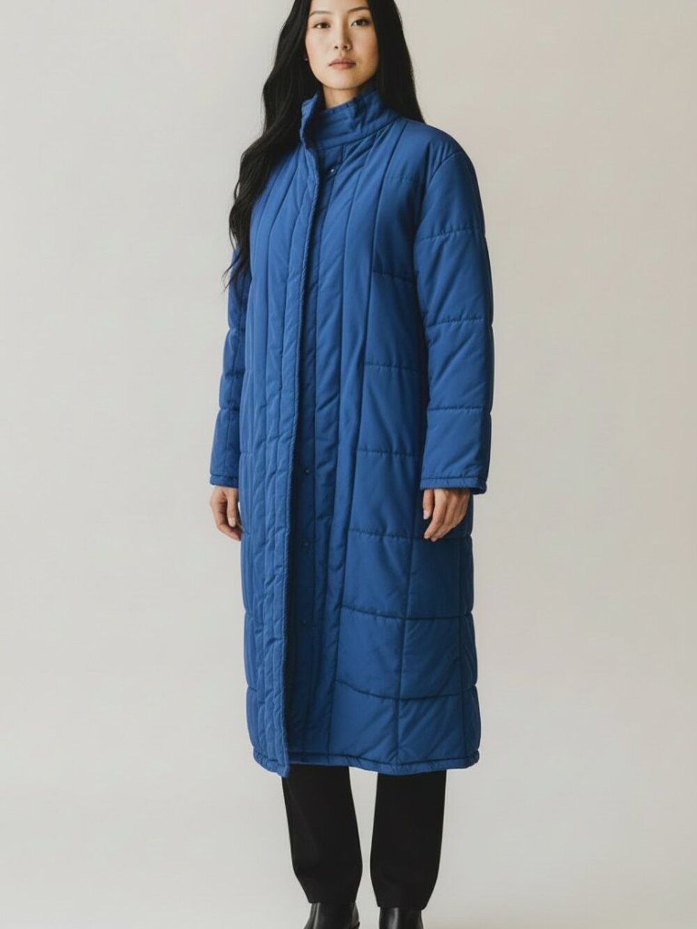 Vintage Long Blue Quilted Puffer Coat Made in Korea Minimalist Maxi Jacket